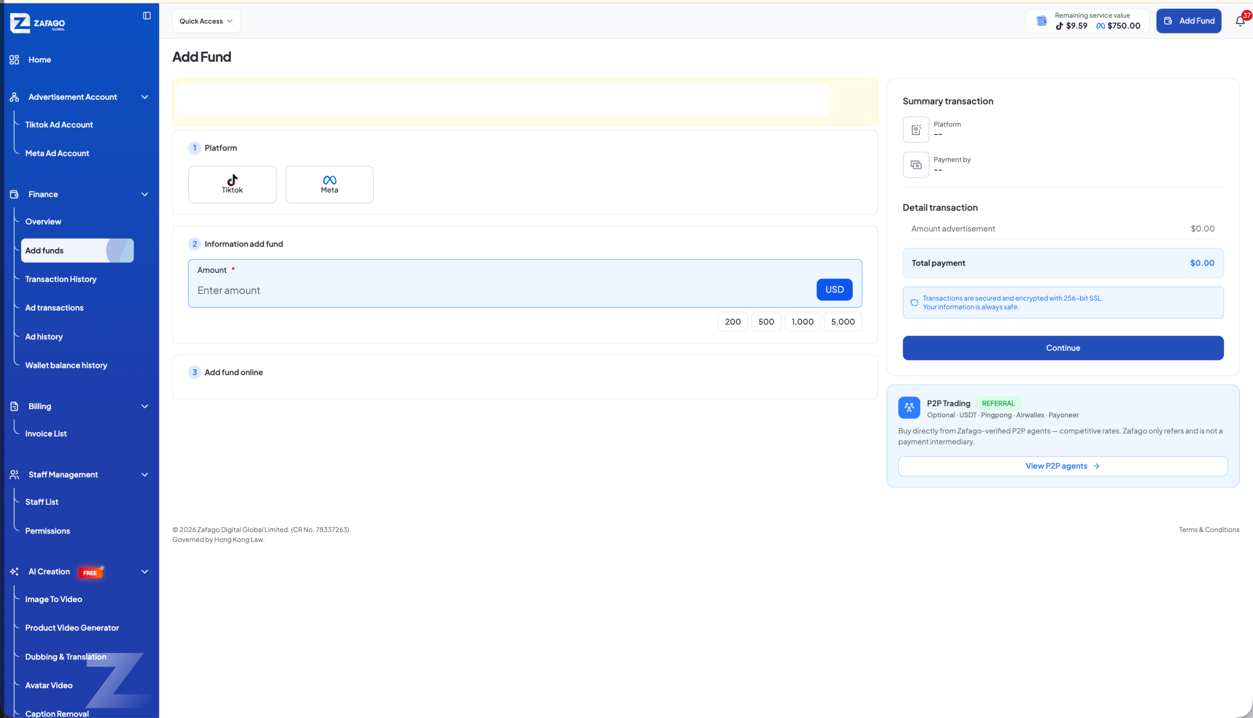 Zafago Portal Add Funds