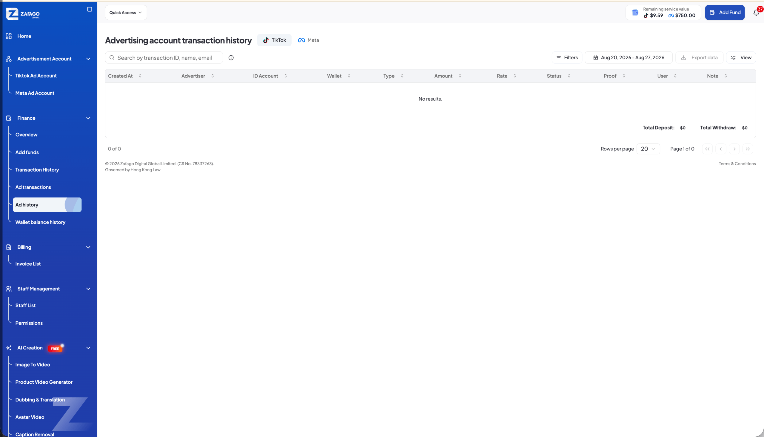 Zafago Portal Ad Account Transaction History