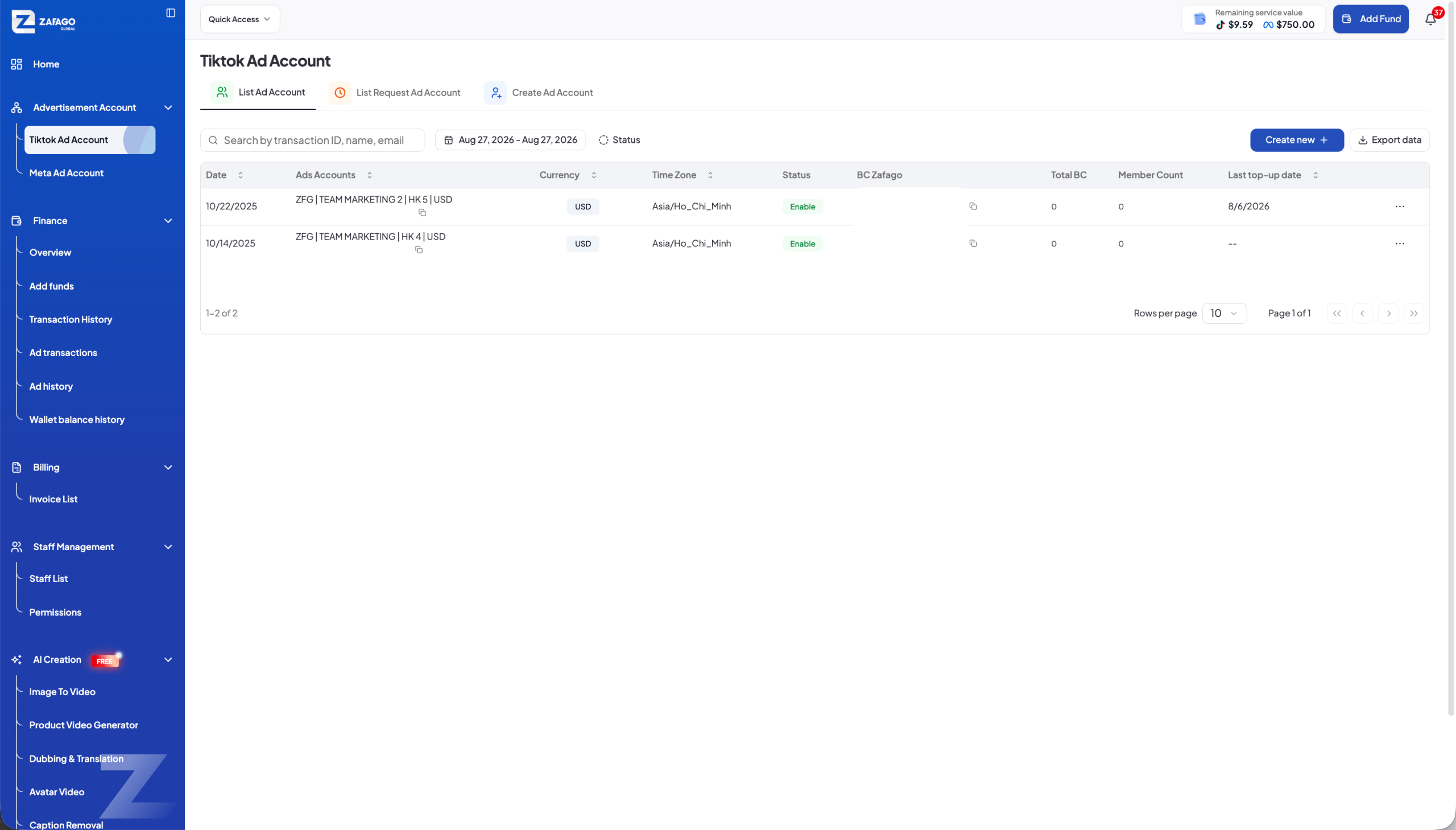 Zafago Portal Ad Account Management