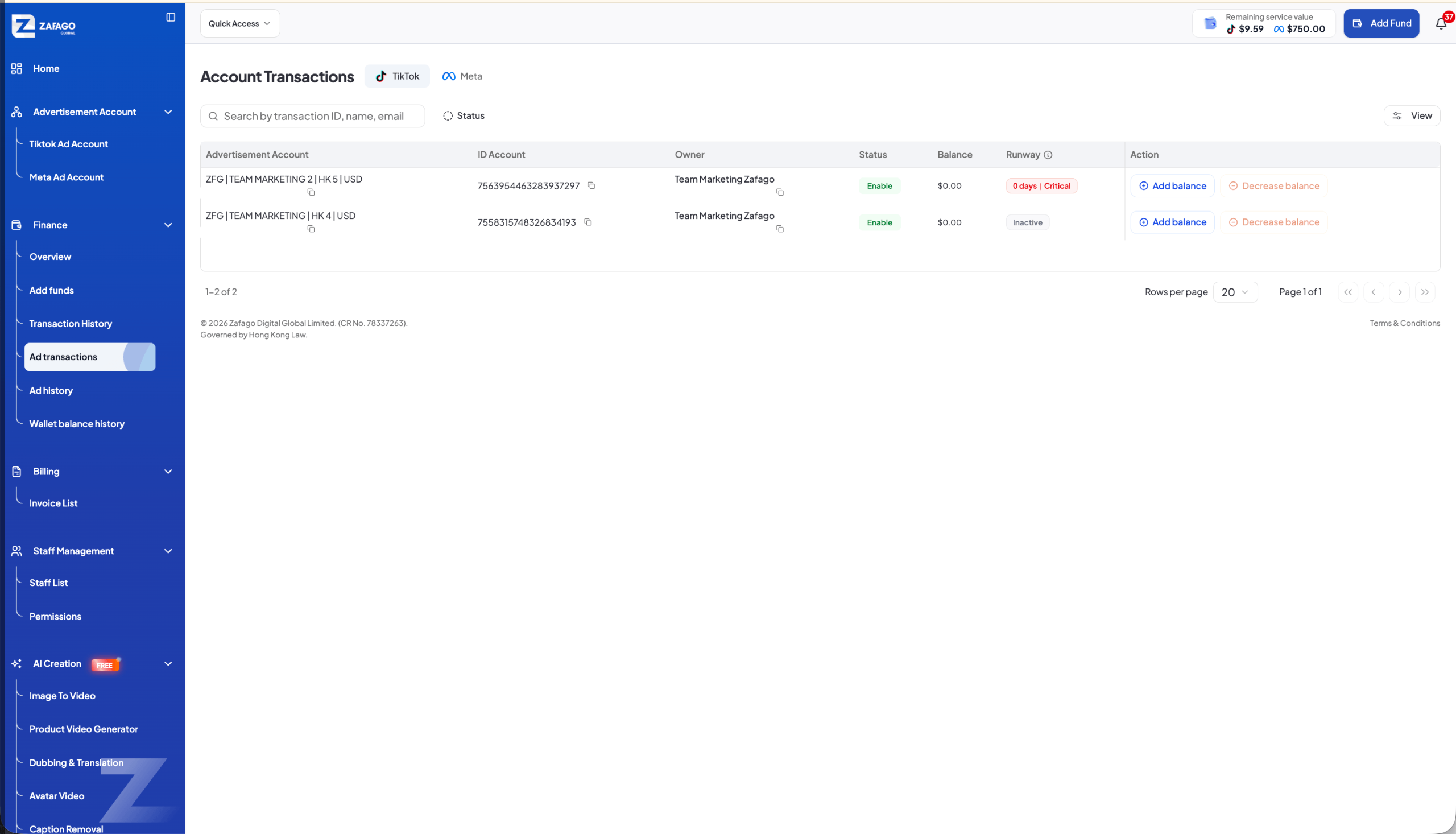 Zafago Portal Advertising Account Transactions