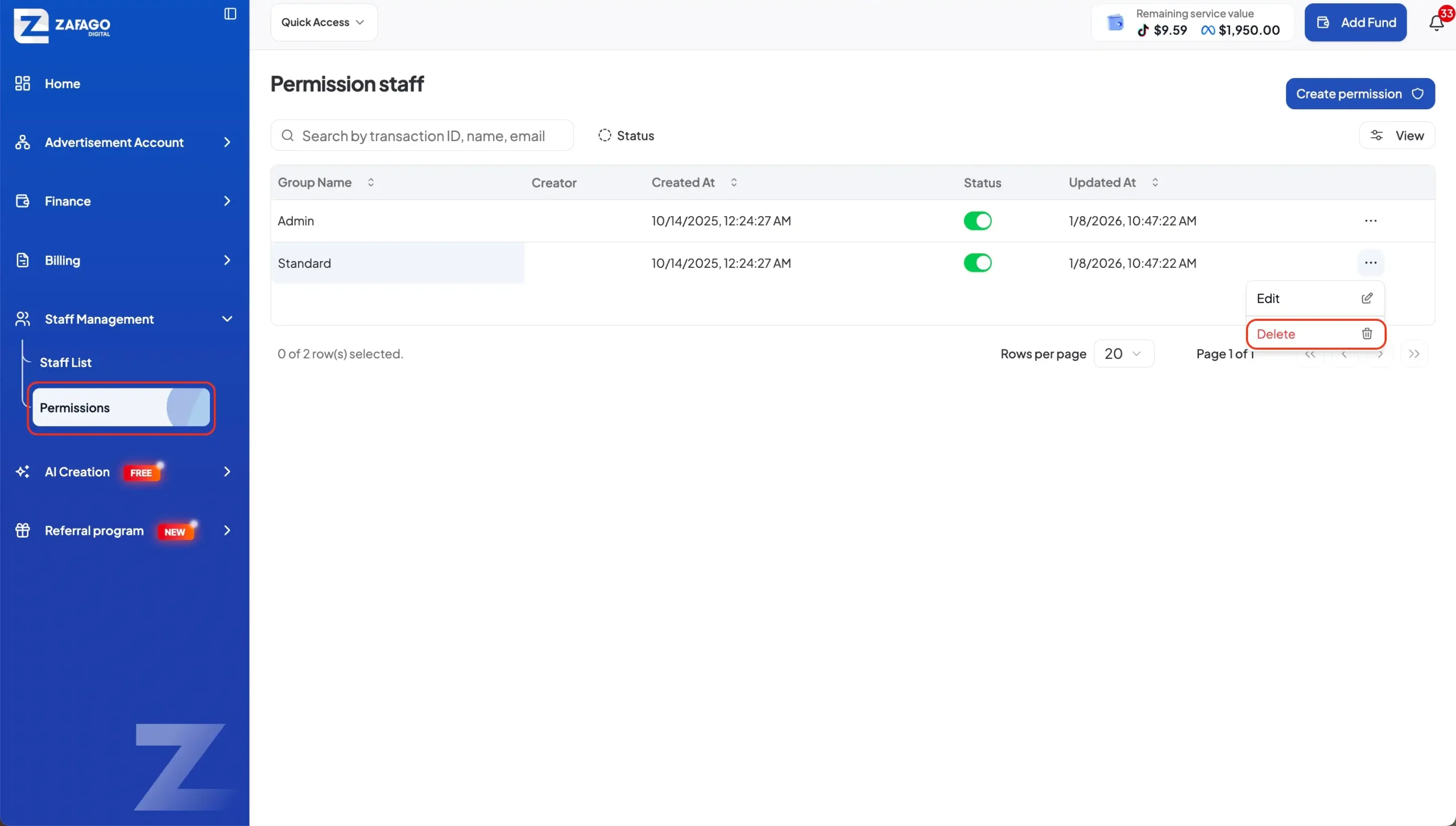 create permissions