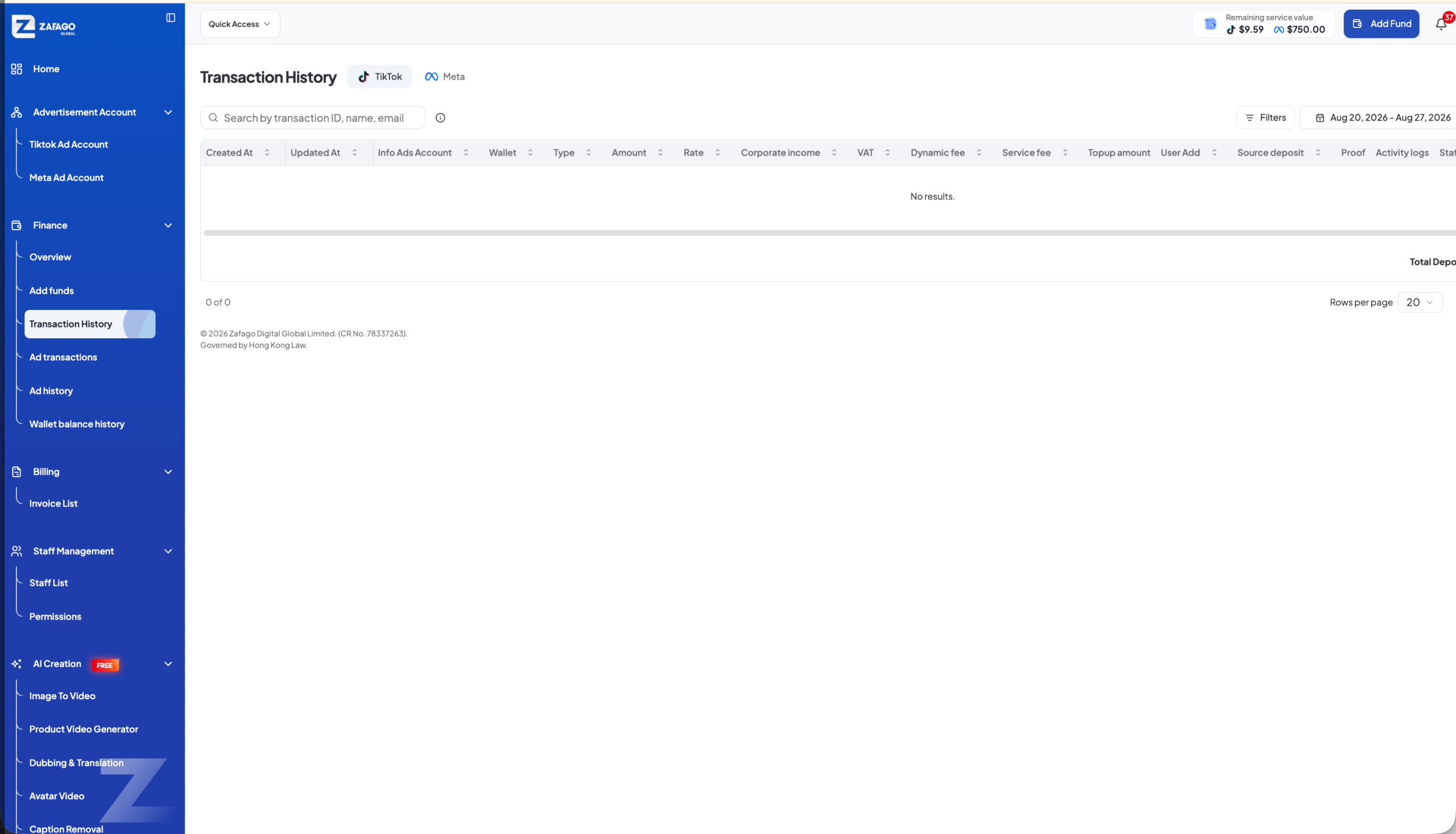 Zafago Portal Transaction History