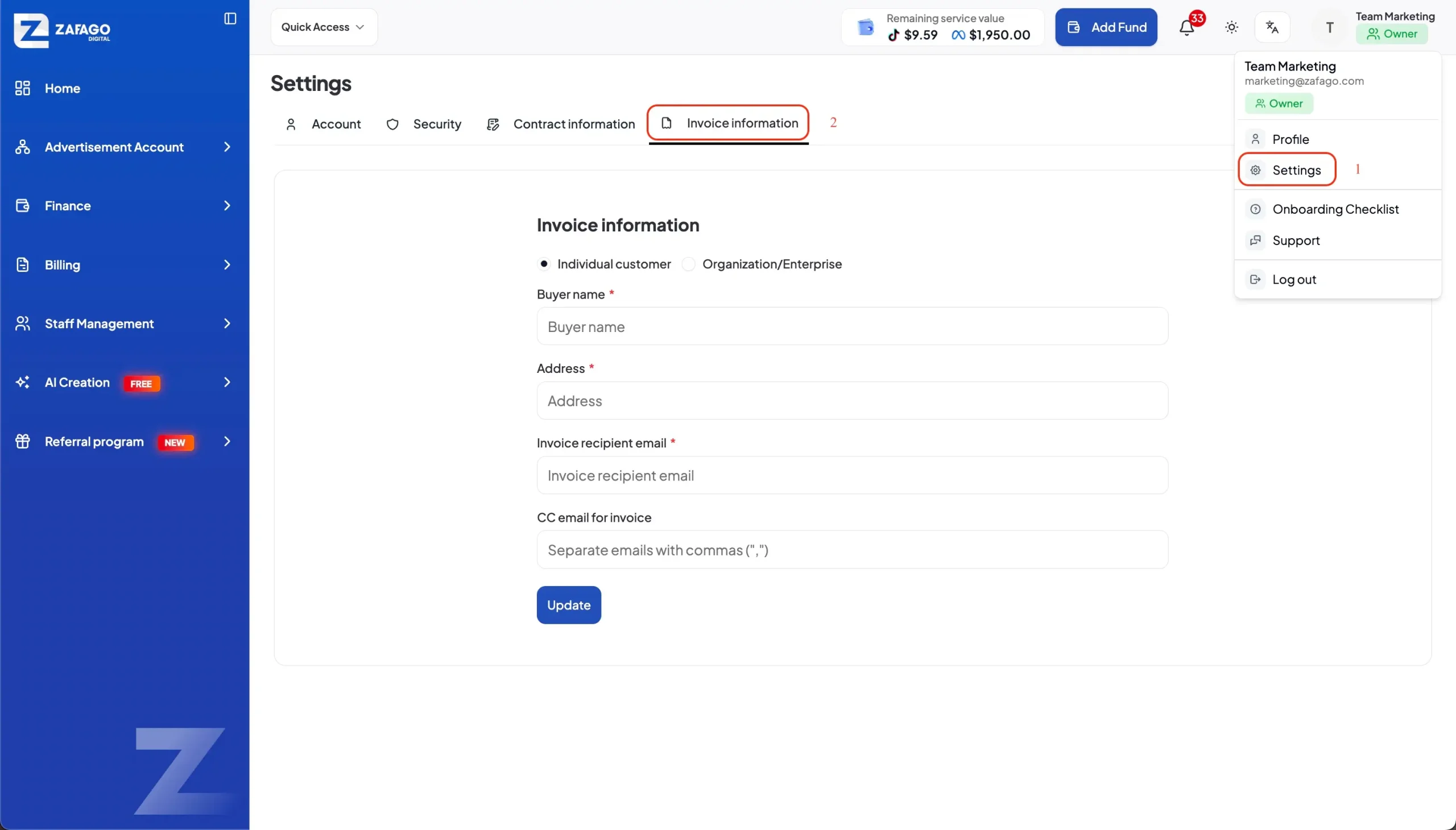 Update Invoice Information