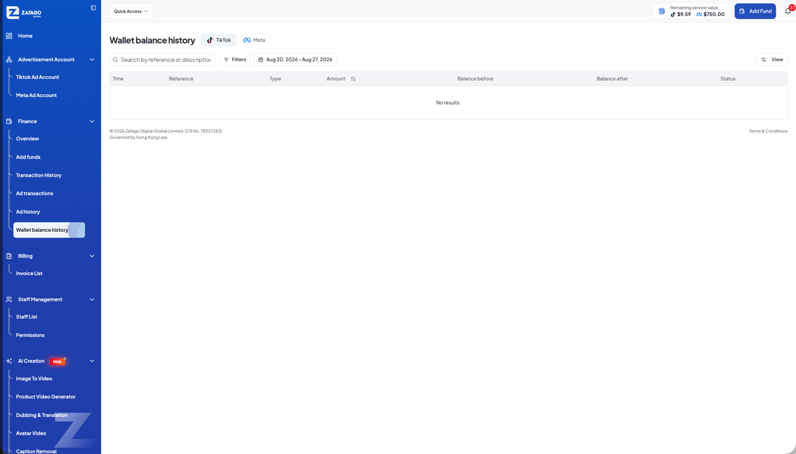 Zafago Portal Wallet Balance Changes